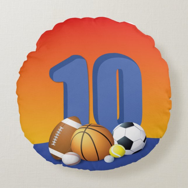 Boy 10 Birthday Sports Bollar Rund Kudde (Framsidan)