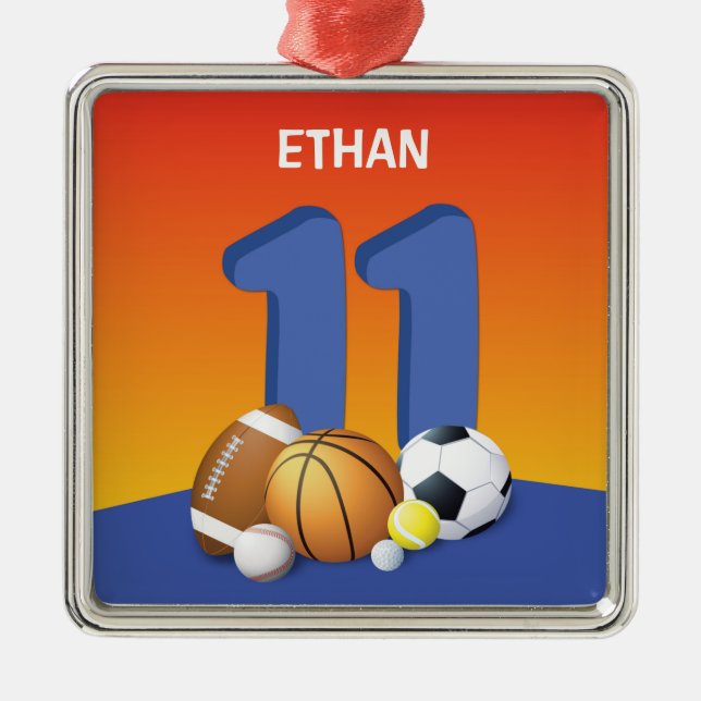 Boy 11 Birthday Sports Bollar Julgransprydnad Metall (Framsidan)