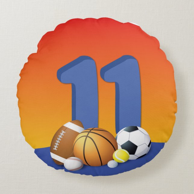 Boy 11 Birthday Sports Bollar Rund Kudde (Framsidan)