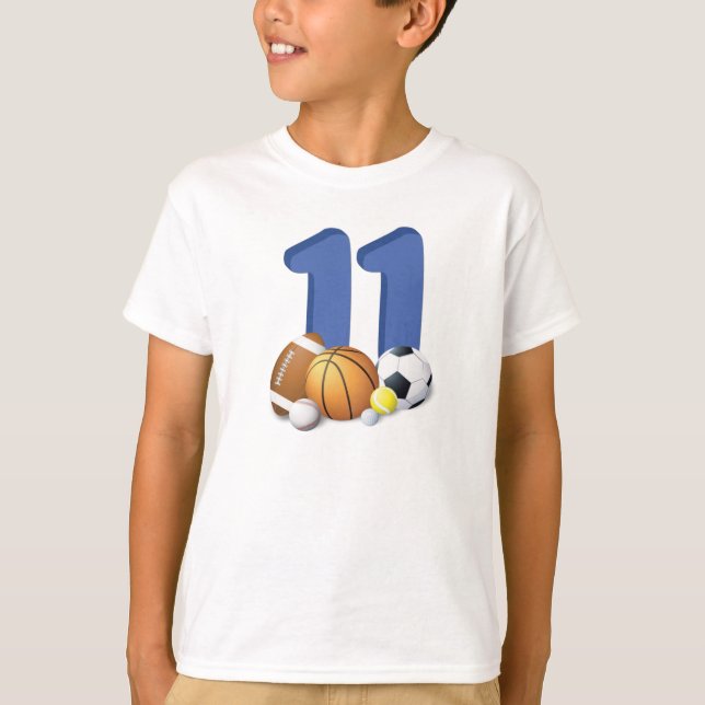 Boy 11 Birthday Sports Bollar T Shirt (Framsida)
