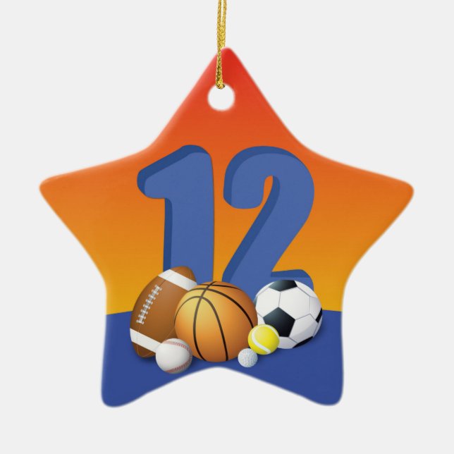 Boy 12:e Birthday Sports Bollar Julgransprydnad Keramik (Framsidan)