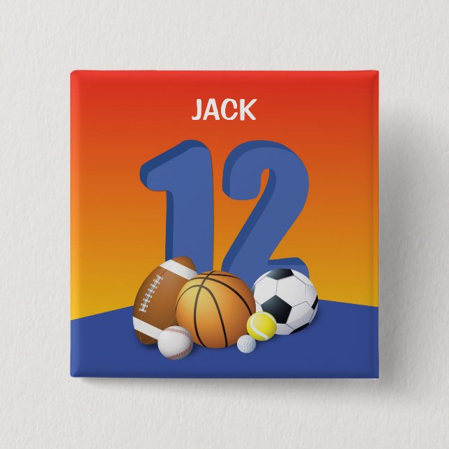 Boy 12:e Birthday Sports Bollar Knapp (Framsida)