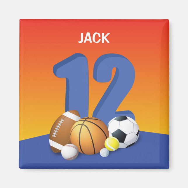 Boy 12:e Birthday Sports Bollar Magnet (Framsidan)