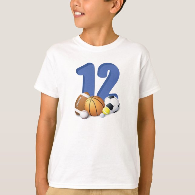 Boy 12:e Birthday Sports Bollar T Shirt (Framsida)