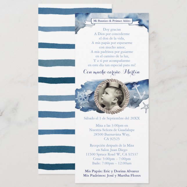 Boy 1st Birthday Baptism Blue Nautism, spanska Inbjudningar (Fram/baksida)