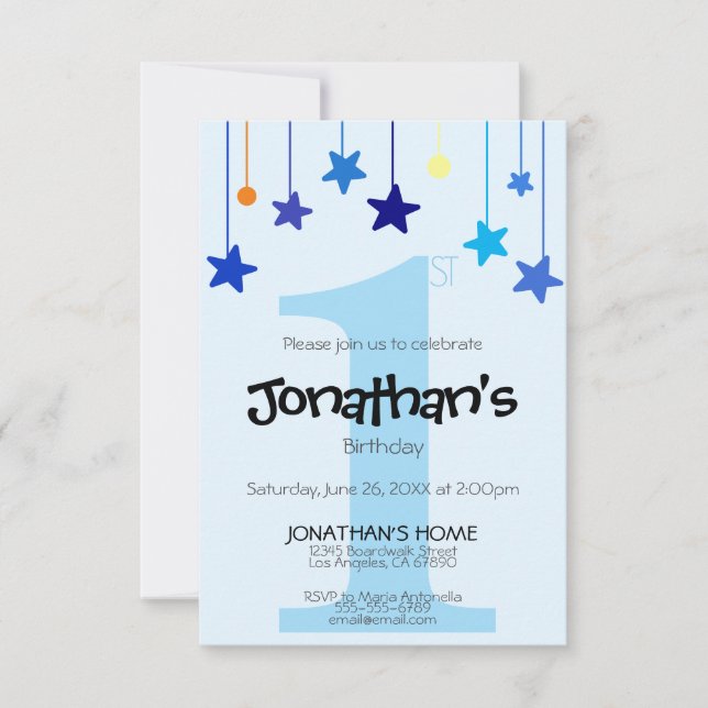 Boy 1st BIRTHDAY Coola Light Blue Stars Inbjudningar (Framsida)