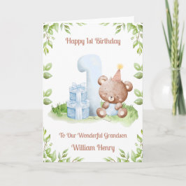 Boy 1st Birthday Greenery Teddy Bear Card Kort