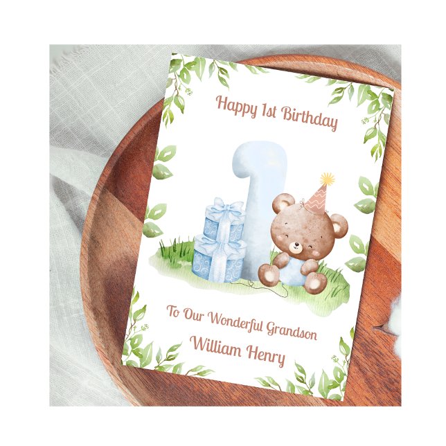 Boy 1st Birthday Greenery Teddy Bear Card Kort (Skapare uppladdad)