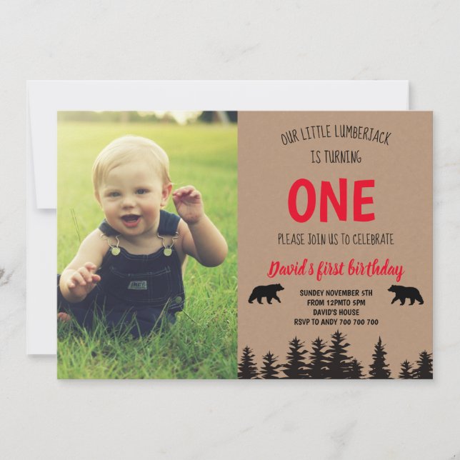 Boy 1st Birthday Photo Inbjudan Lumberjack (Framsida)
