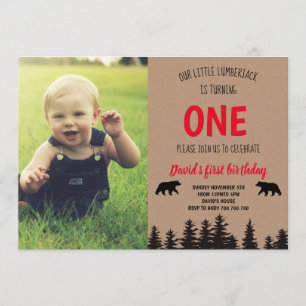 Boy 1st Birthday Photo Inbjudan Lumberjack