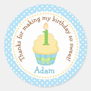 Boy 1st Birthday Tack Sticker (Cuptårta Blue) Runt Klistermärke