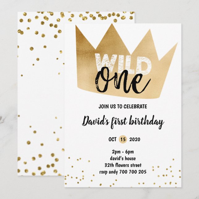 Boy 1st Birthday VILD ONE Gold Foil Krona Confetti Inbjudningar (Fram/baksida)