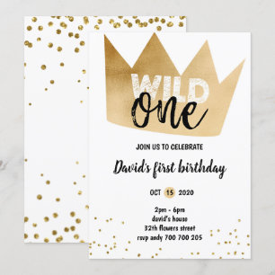 Boy 1st Birthday VILD ONE Gold Foil Krona Confetti Inbjudningar