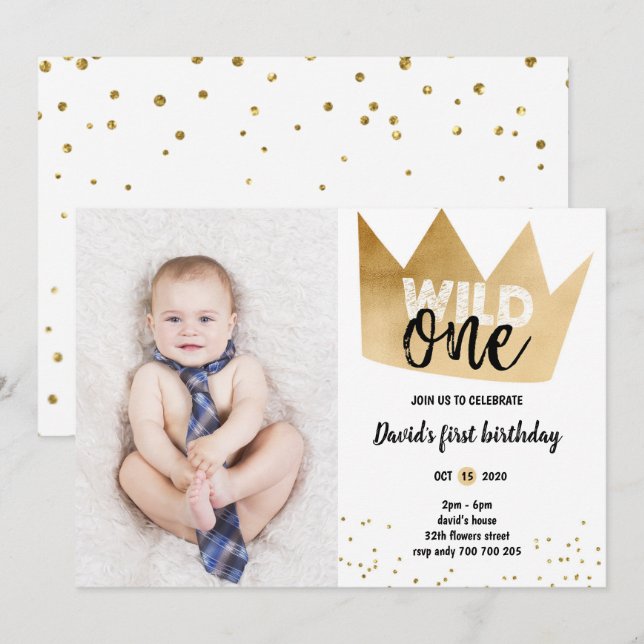 Boy 1st Birthday VILD ONE Gold Foil Krona Photo Inbjudningar (Fram/baksida)