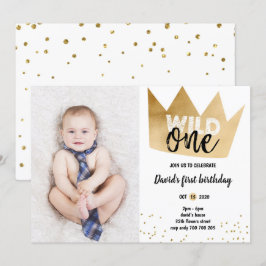 Boy 1st Birthday VILD ONE Gold Foil Krona Photo Inbjudningar