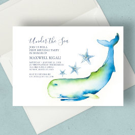 Boy 1st Birthday Watercolor Whale Starfish Inbjudningar