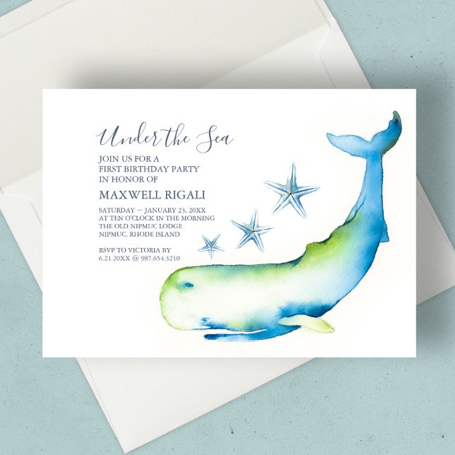 Boy 1st Birthday Watercolor Whale Starfish Inbjudningar (1st birthday under the sea watercolor whale and starfish nautical blue)