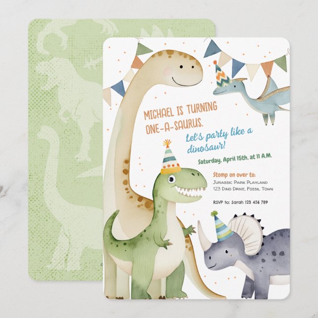 Boy 1st Dinomite Party Cute One-A-Saurus Inbjudningar (Fram/baksida)