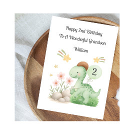 Boy 2nd Birthday Green Orange Dinosaur Card Kort