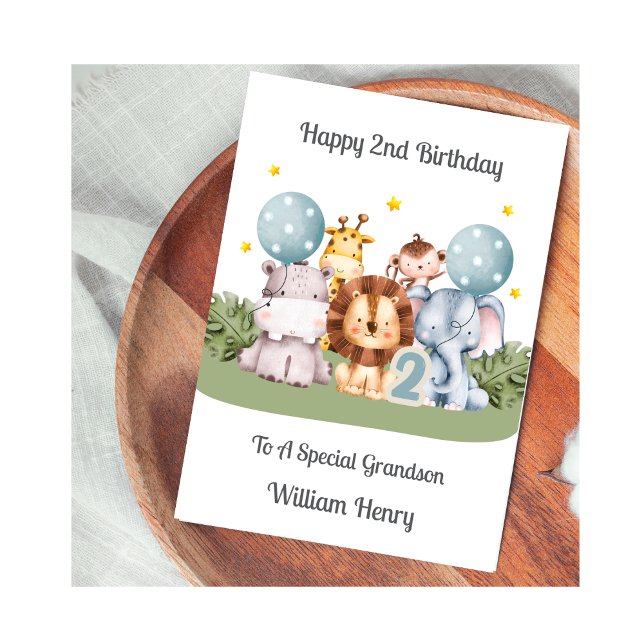 Boy 2nd Birthday Safari Leaf Animals Card Kort (Skapare uppladdad)