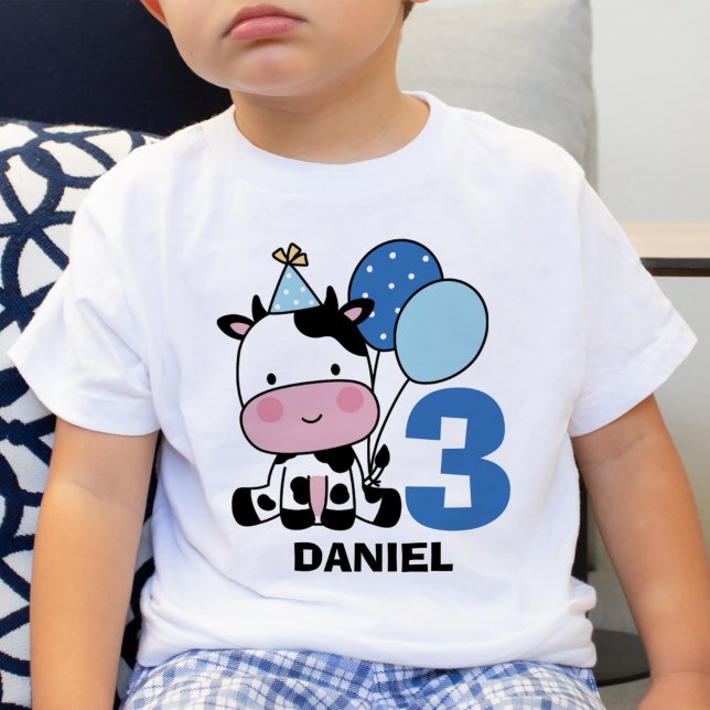 Boy 3 Birthday Cute Cow Personlig T-Shirt (Skapare uppladdad)