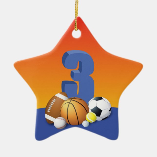 Boy 3rd Birthday Sports Bollar Julgransprydnad Keramik (Framsidan)