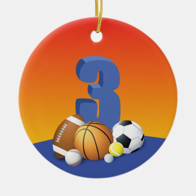 Boy 3rd Birthday Sports Bollar Julgransprydnad Keramik (Framsidan)