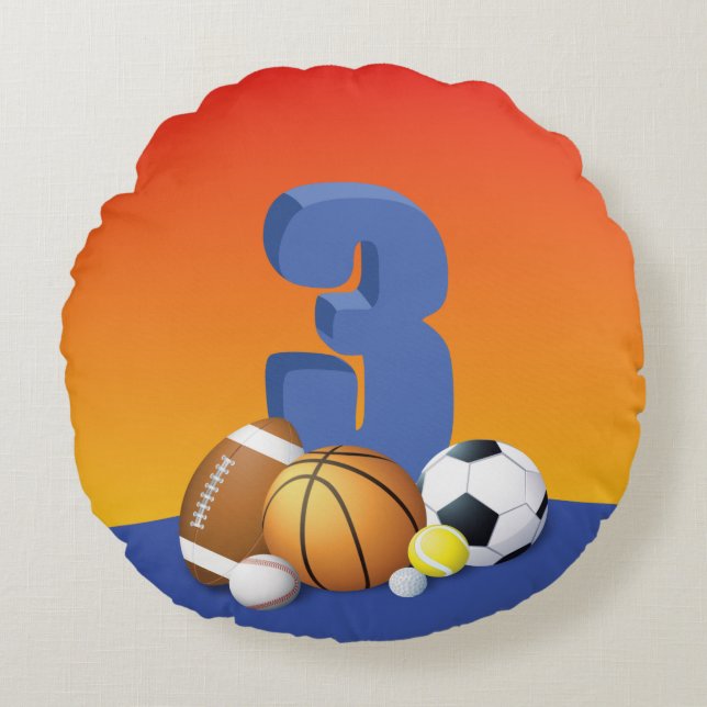 Boy 3rd Birthday Sports Bollar Rund Kudde (Framsidan)