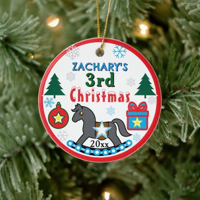 Boy 3rd Christmas PHOTO Gray Blue Horse Julgransprydnad Keramik (Träd)