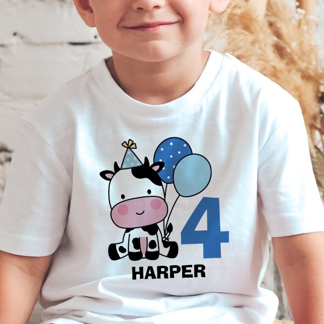 Boy 4e födelsedagen Cow Blue Balloons Personlig T Shirt (Skapare uppladdad)