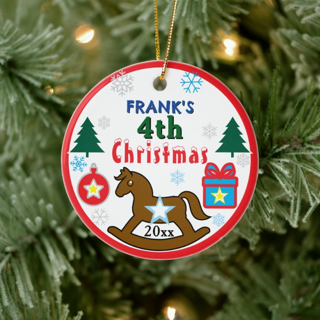 Boy 4th Christmas Rocking Horse INSERT PHOTO Julgransprydnad Keramik (Träd)