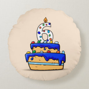 Boy 6e Birthday, 6 på Sweet Blue Cake Rund Kudde