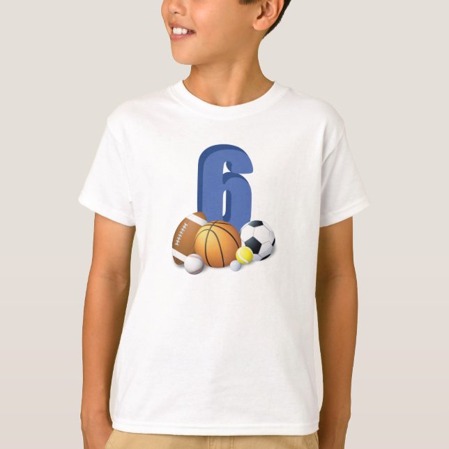 Boy 6e Birthday Sports Bollar T Shirt (Framsida)