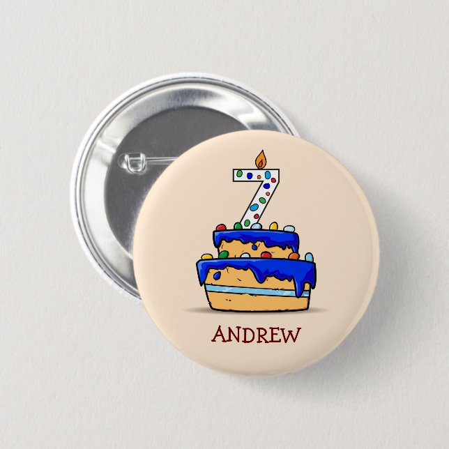 Boy 7:e Birthday, 7 på Sweet Blue Cake Knapp (Framsida & baksida)