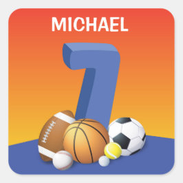 Boy 7:e Birthday Sports Bollar Fyrkantigt Klistermärke