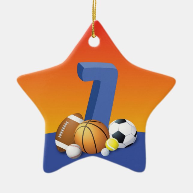 Boy 7:e Birthday Sports Bollar Julgransprydnad Keramik (Framsidan)
