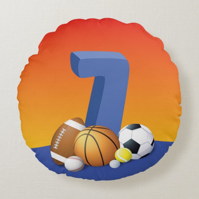Boy 7:e Birthday Sports Bollar Rund Kudde (Framsidan)