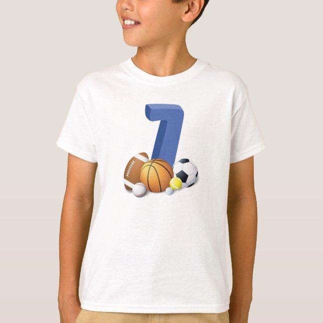 Boy 7:e Birthday Sports Bollar T Shirt (Framsida)