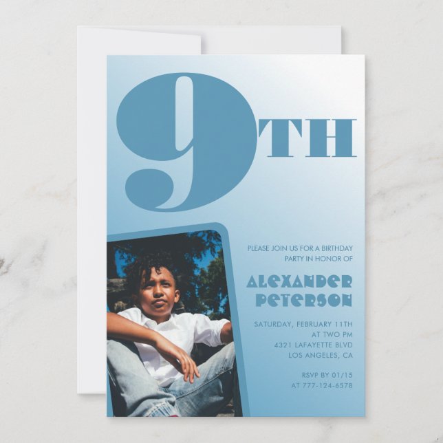 Boy 9-födelsedagsinbjudningar Blue Photo Inbjudningar (Framsida)
