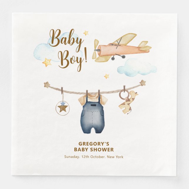 Boy Adventure Clothesline Airplane Sky Baby Shower Pappersservett (Framsida)