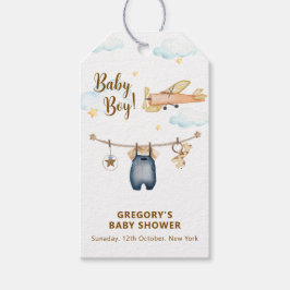 Boy Adventure Clothesline Airplane Sky Baby Shower Presentetikett