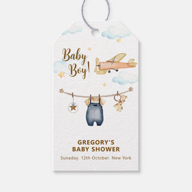 Boy Adventure Clothesline Airplane Sky Baby Shower Presentetikett (Framsidan)