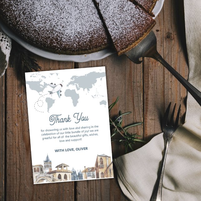 Boy Adventure World Map Airplane Baby Shower  Tack Kort (Boy Adventure World Map Airplane Baby Shower Thank You Card)
