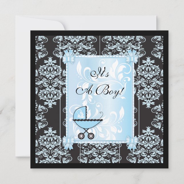 Boy and Black Damask Baby Shower Inbjudningar (Framsida)