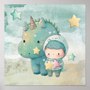 Boy and Dinosaur Friend Nursery Wall Art Poster