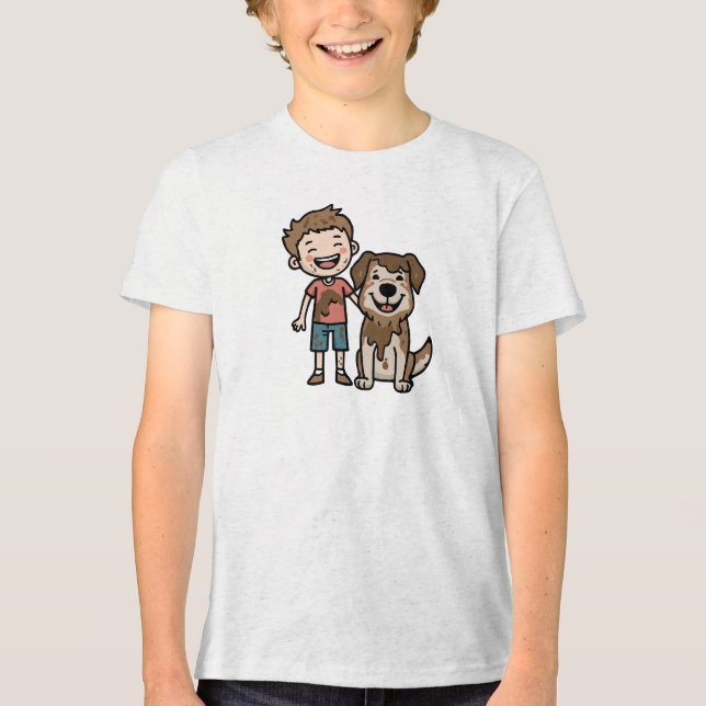 Boy and Dog Playing Mud T Shirt (Framsida)