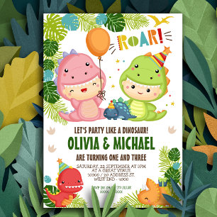 Boy and Girl Dinosaur Joint Birthday Inbjudningar