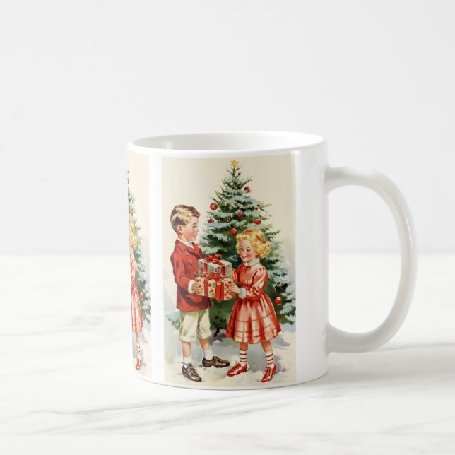 Boy and girl giving each other Christmas presents Kaffemugg (Höger)
