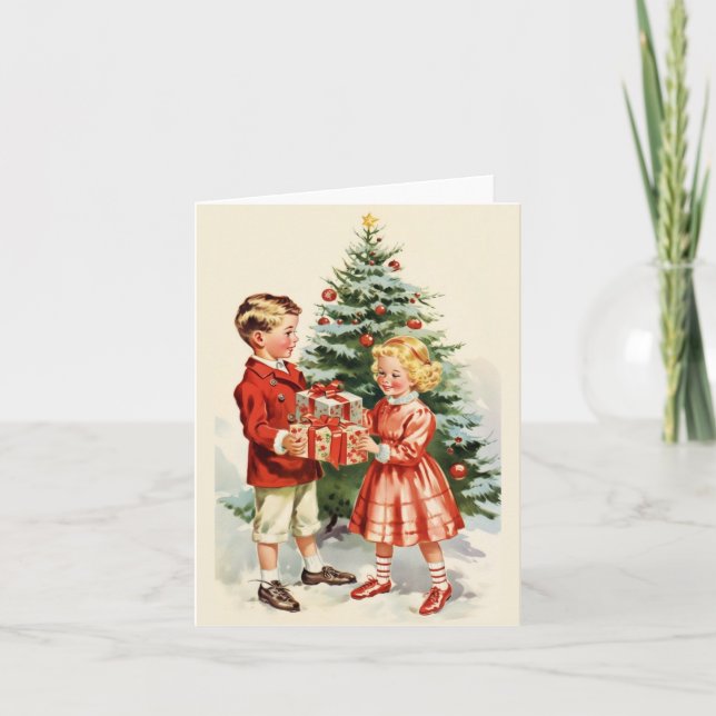 Boy and girl giving each other Christmas presents Kort (Framsida)