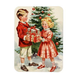 Boy and girl giving each other Christmas presents Magnet